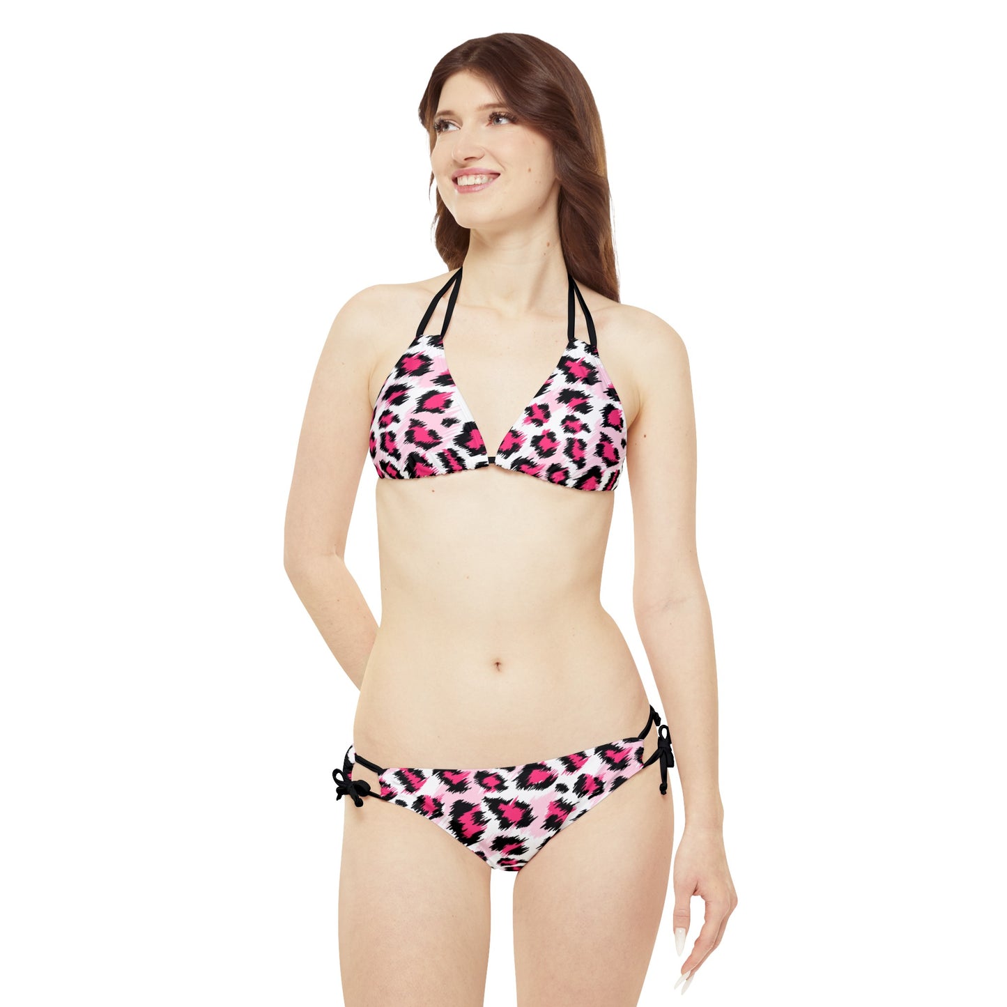 Leopard Print Pink Women Swimwear Sexy Strappy Bikini Set