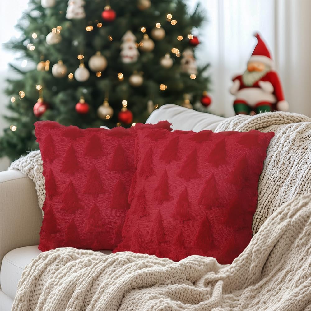 Christmas Tree Pillow Covers Set of 2 Xmas Winter Soft Plush Faux Fur Wool Decorative Throw Pillows Farmhouse Holiday Cushion Case for Home Decoration