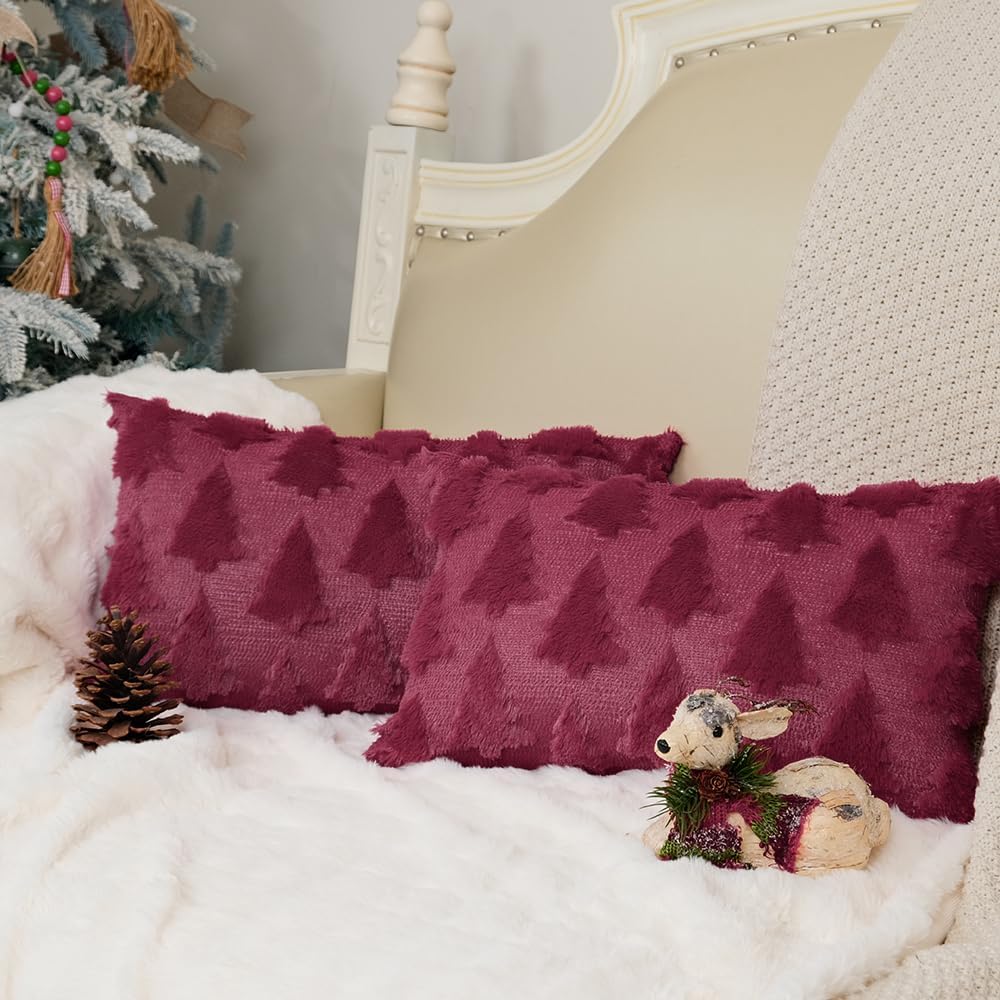 Christmas Tree Pillow Covers Set of 2 Xmas Winter Soft Plush Faux Fur Wool Decorative Throw Pillows Farmhouse Holiday Cushion Case for Home Decoration