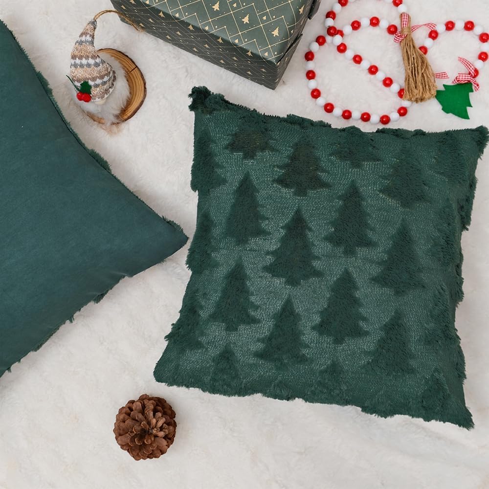 Christmas Tree Pillow Covers Set of 2 Xmas Winter Soft Plush Faux Fur Wool Decorative Throw Pillows Farmhouse Holiday Cushion Case for Home Decoration