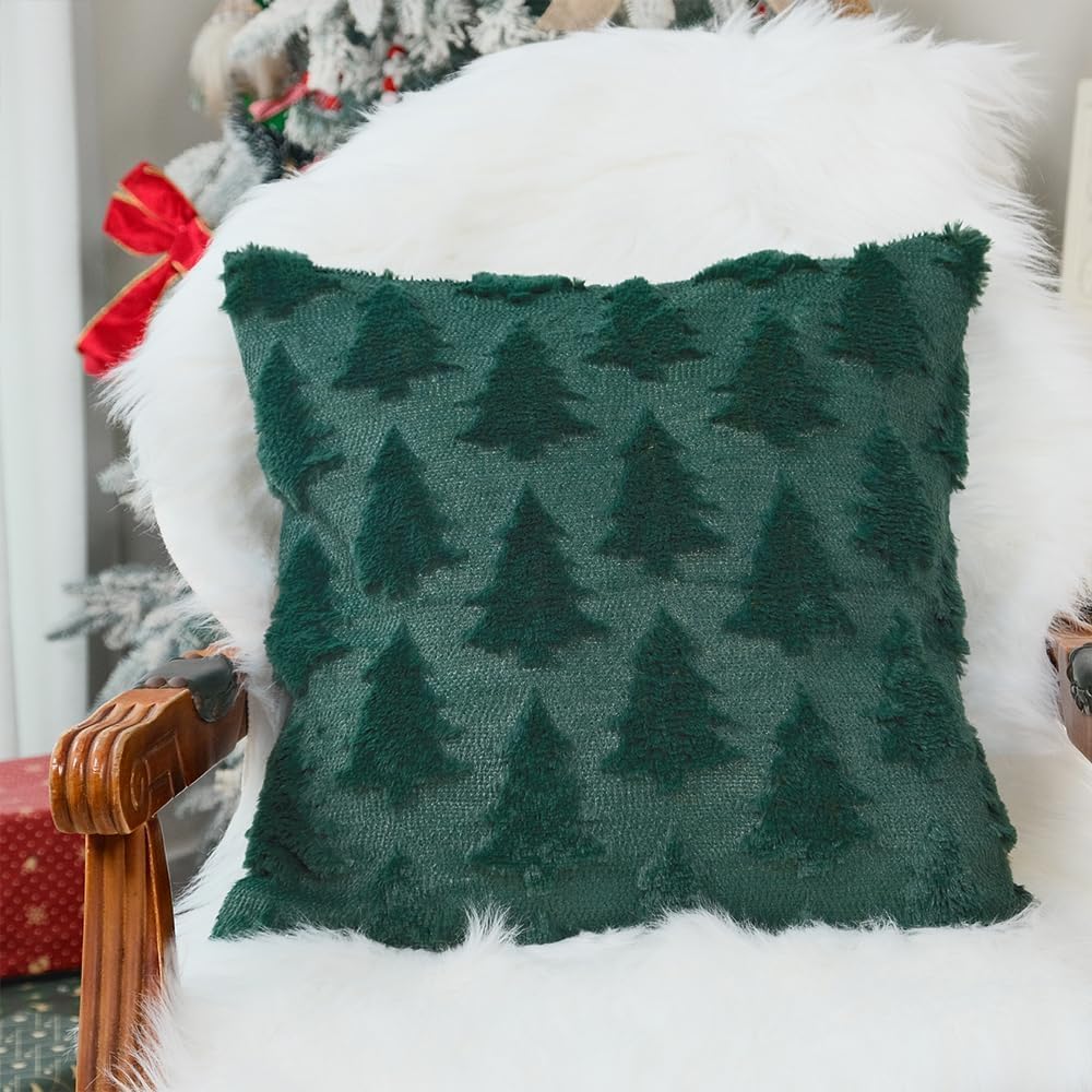 Christmas Tree Pillow Covers Set of 2 Xmas Winter Soft Plush Faux Fur Wool Decorative Throw Pillows Farmhouse Holiday Cushion Case for Home Decoration