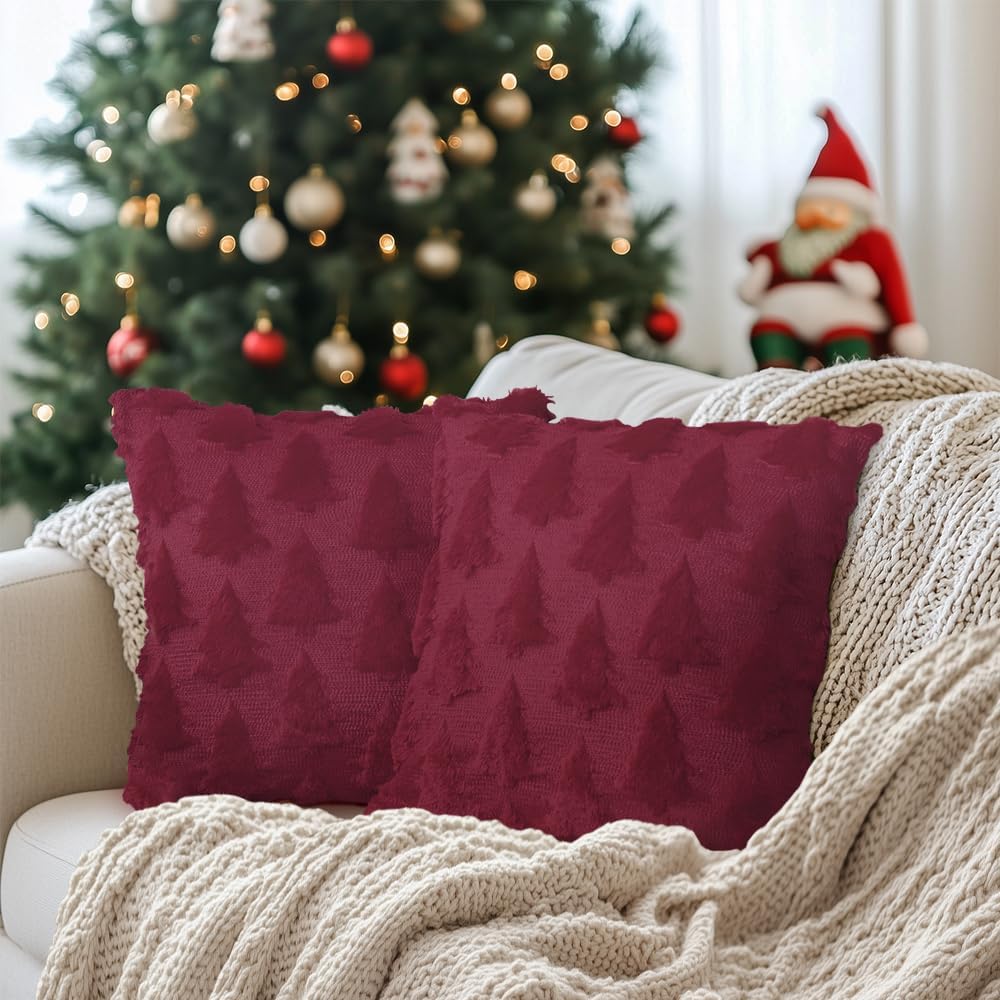 Christmas Tree Pillow Covers Set of 2 Xmas Winter Soft Plush Faux Fur Wool Decorative Throw Pillows Farmhouse Holiday Cushion Case for Home Decoration