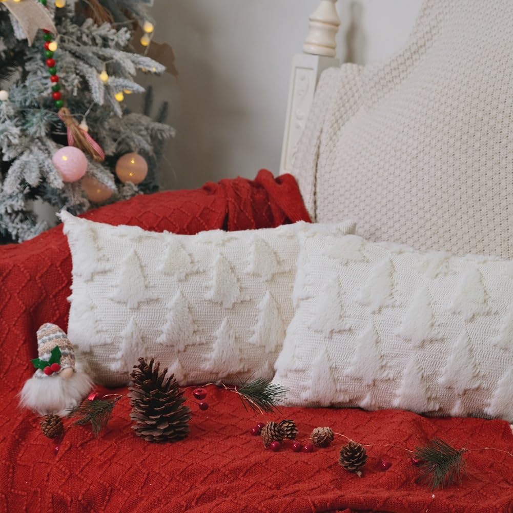 Christmas Tree Pillow Covers Set of 2 Xmas Winter Soft Plush Faux Fur Wool Decorative Throw Pillows Farmhouse Holiday Cushion Case for Home Decoration