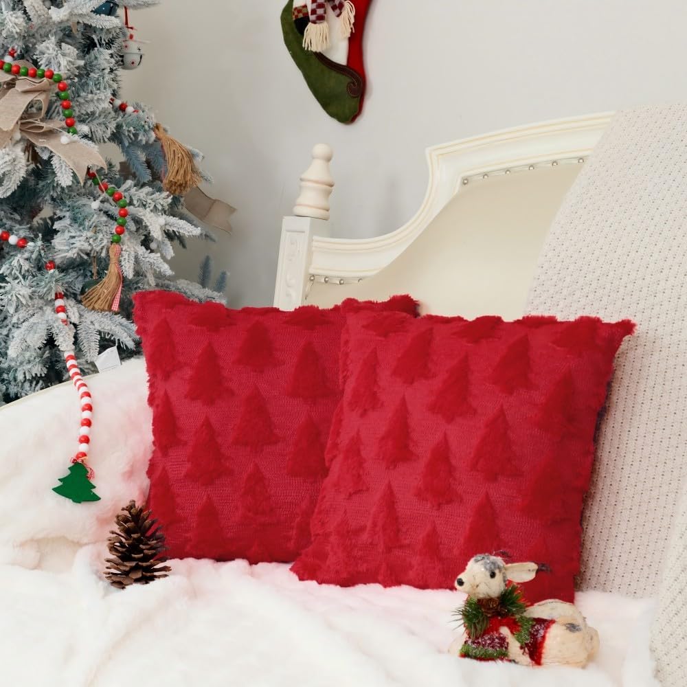 Christmas Tree Pillow Covers Set of 2 Xmas Winter Soft Plush Faux Fur Wool Decorative Throw Pillows Farmhouse Holiday Cushion Case for Home Decoration