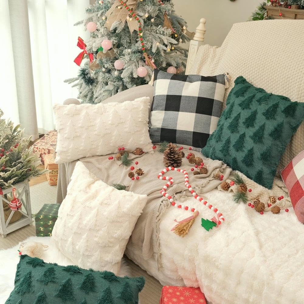 Christmas Tree Pillow Covers Set of 2 Xmas Winter Soft Plush Faux Fur Wool Decorative Throw Pillows Farmhouse Holiday Cushion Case for Home Decoration