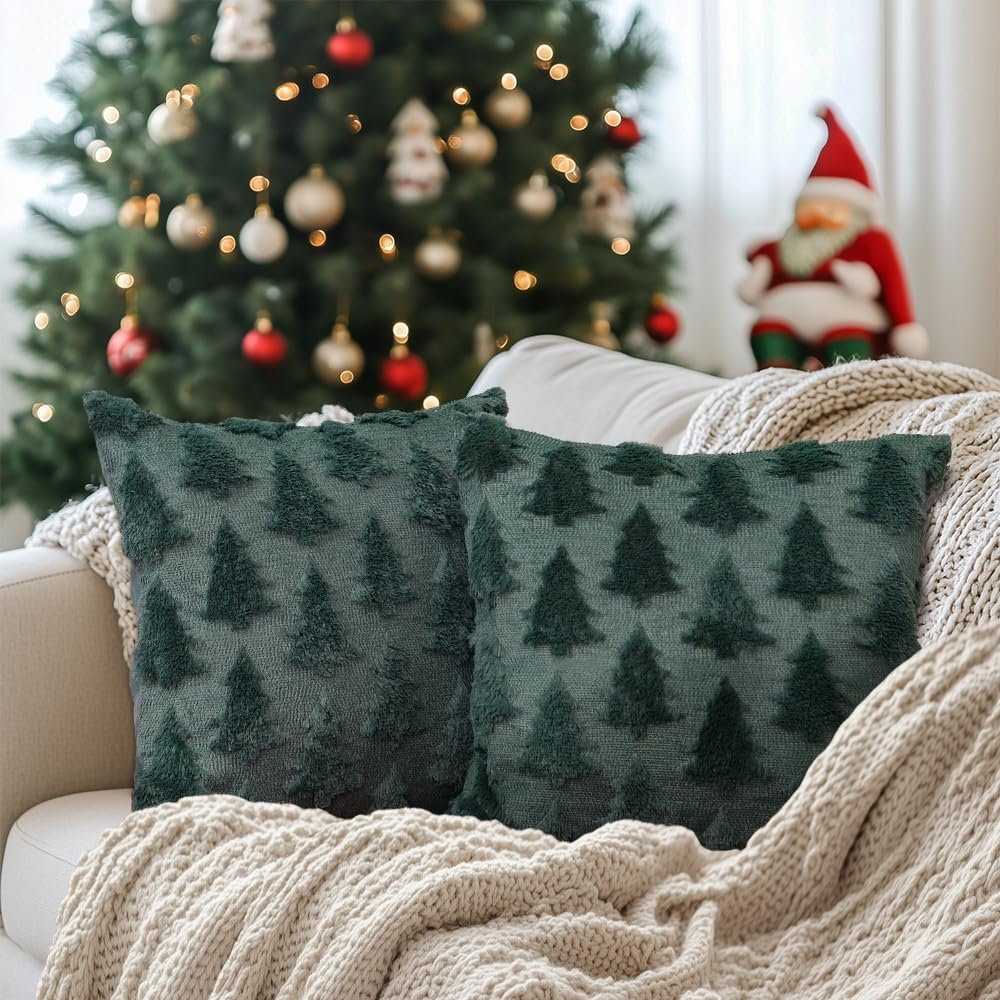 Christmas Tree Pillow Covers Set of 2 Xmas Winter Soft Plush Faux Fur Wool Decorative Throw Pillows Farmhouse Holiday Cushion Case for Home Decoration