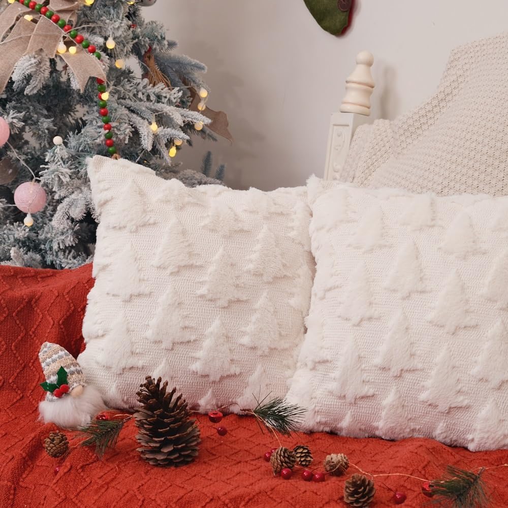 Christmas Tree Pillow Covers Set of 2 Xmas Winter Soft Plush Faux Fur Wool Decorative Throw Pillows Farmhouse Holiday Cushion Case for Home Decoration