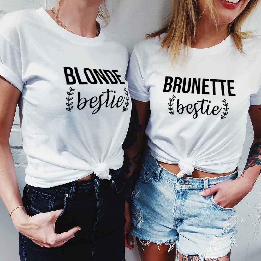 Best Friends T-Shirts for Women Blonde Brunette BFF T-Shirts for 2 Girls Sister Tee Shirts Short Sleeve Tops