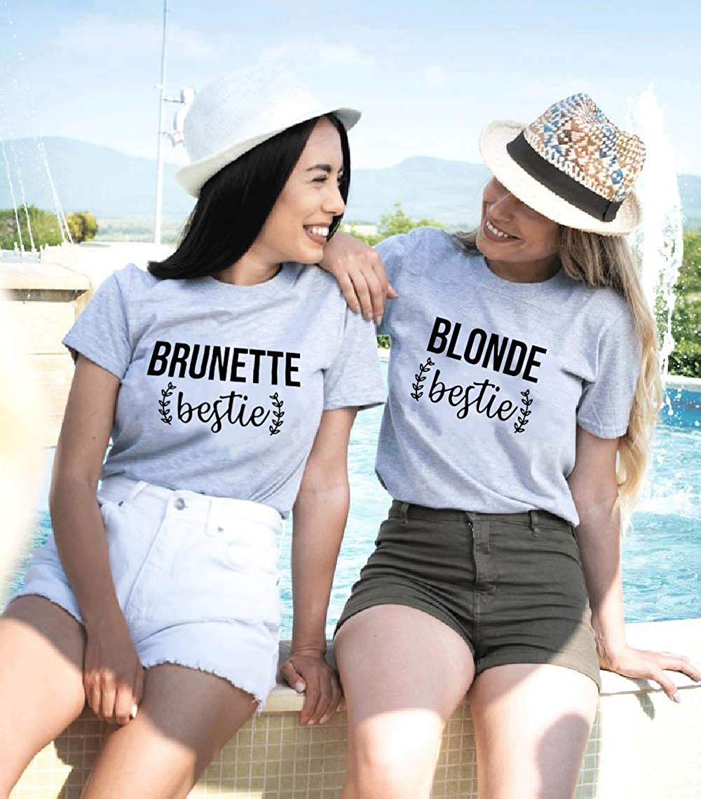 Best Friends T-Shirts for Women Blonde Brunette BFF T-Shirts for 2 Girls Sister Tee Shirts Short Sleeve Tops