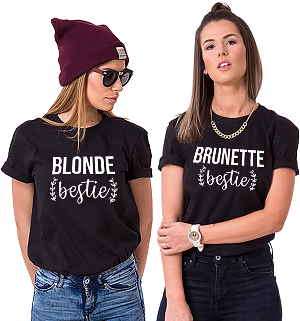 Best Friends T-Shirts for Women Blonde Brunette BFF T-Shirts for 2 Girls Sister Tee Shirts Short Sleeve Tops