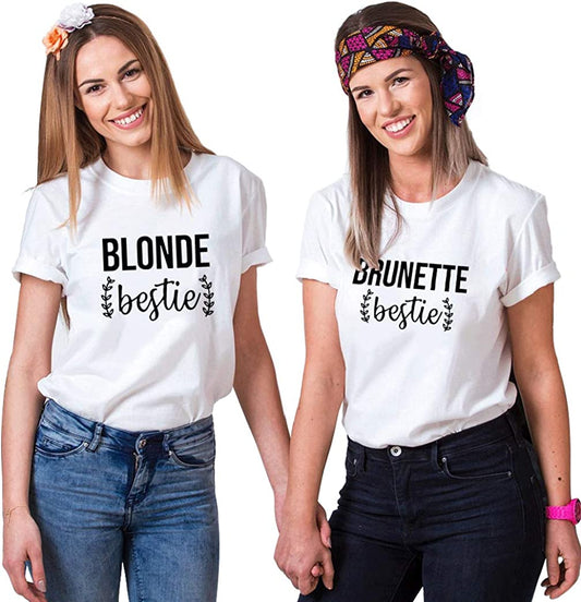 Best Friends T-Shirts for Women Blonde Brunette BFF T-Shirts for 2 Girls Sister Tee Shirts Short Sleeve Tops